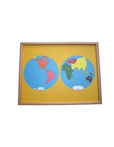 Puzzle planisphère Montessori en bois avec continents et océans