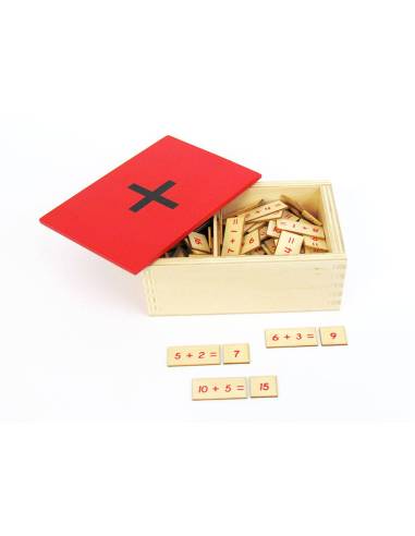 Boîte en bois avec cartes d’additions Montessori – outil concret pour le calcul mental