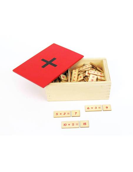 Boîte en bois avec cartes d’additions Montessori – outil concret pour le calcul mental