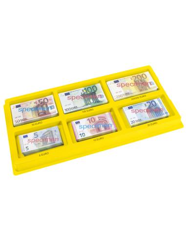 Plateau en bois pour trier les billets factices euros selon leur valeur