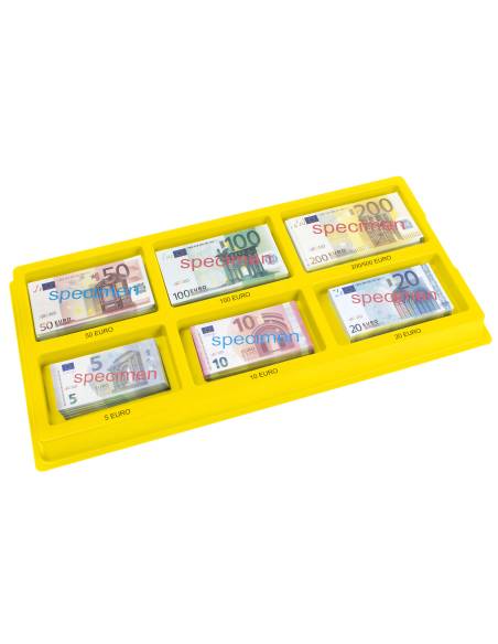 Plateau en bois pour trier les billets factices euros selon leur valeur