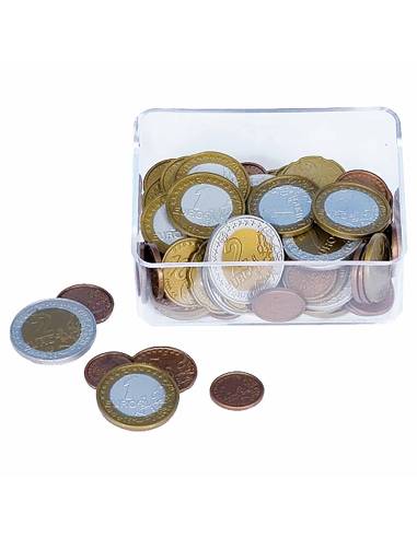Assortiment de pièces pédagogiques en euros dans une boîte de rangement