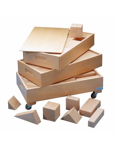 156 blocs de bois pour construction libre, triés dans 3 boîtes pédagogiques