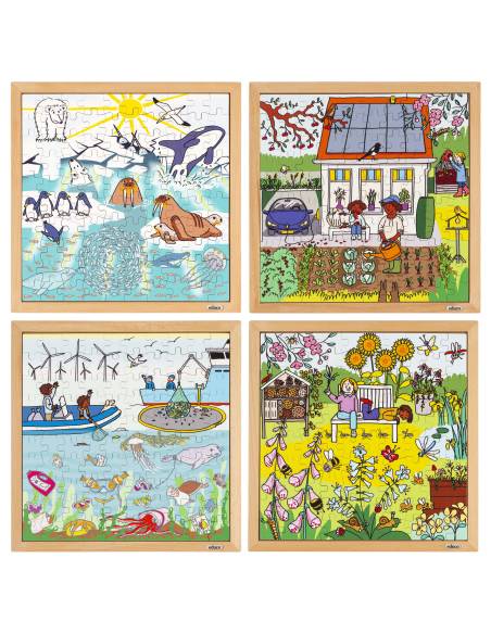 Coffret de 4 puzzles en bois nature et climat, 100 pièces