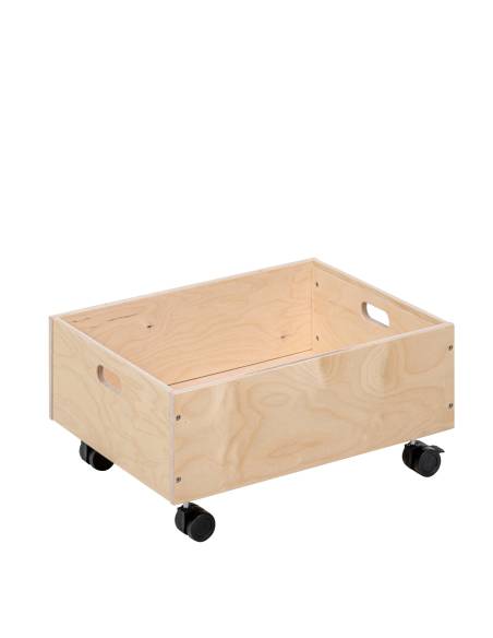 Coffre de rangement en bois sur roulettes