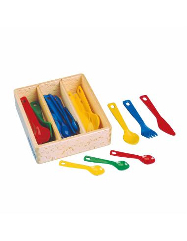 set de couverts plastiques avec boîte en bois