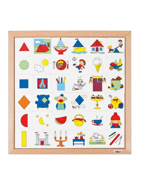 Plateau en bois avec formes géométriques colorées