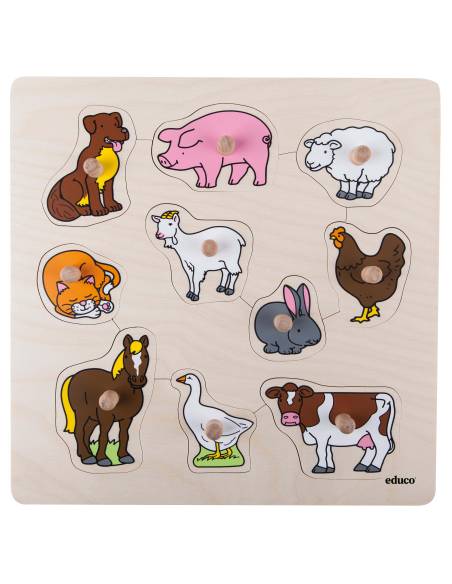 Puzzle à boutons en bois représentant les animaux de la ferme