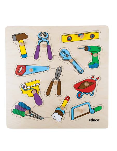 Puzzle à boutons en bois représentant des outils