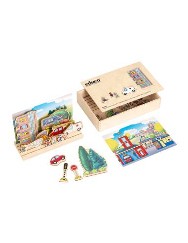 Jeu narratif en bois avec pièces illustrées à glisser pour inventer des histoires