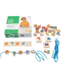 Jeu de laçage en bois avec animaux marins colorés
