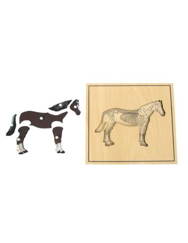 Puzzle éducatif en bois Montessori représentant un cheval et son squelette