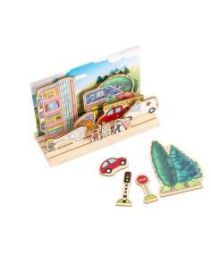 Jeu narratif en bois avec pièces illustrées à glisser pour inventer des histoires 2