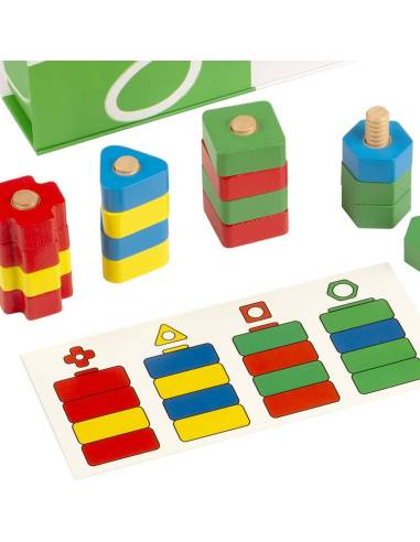 Jeu éducatif pour apprendre à visser et dévisser, développer la motricité fine et reconnaître les formes et couleurs
