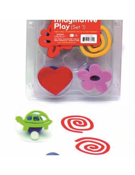 Set de 10 tampons fantaisie en bois avec motifs variés, idéal pour développer créativité et imagination des enfants