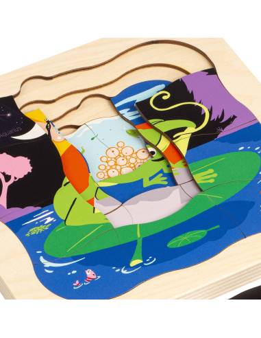 Un puzzle en bois à 5 couches pour découvrir la métamorphose de la grenouille étape par étape