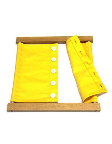 Cadre d’habillage Montessori en bois avec tissu et petits boutons pour apprendre l’autonomie dès 3 ans