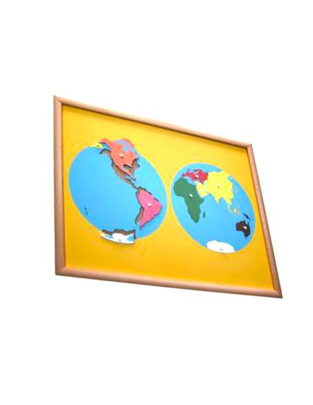 Puzzle Montessori du planisphère en bois avec boutons de préhension, idéal pour initier les enfants à la géographie
