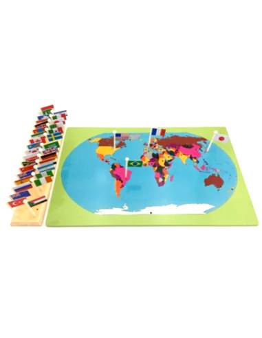 Carte du monde Montessori en bois avec drapeaux à placer