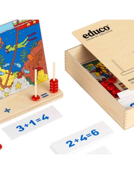 Support éducatif en bois avec perles colorées pour introduire les calculs simples