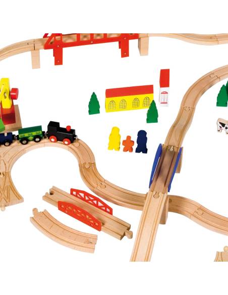 Ensemble de train en bois robuste et complet, idéal pour développer imagination, motricité et coopération