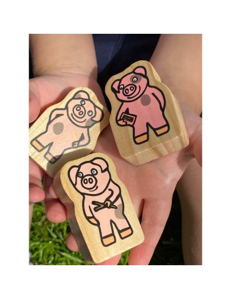 Les personnages en bois des Trois Petits Cochons - Yellow Door - YD0112  - pour raconter l’histoire des Trois Petits Cochons.
