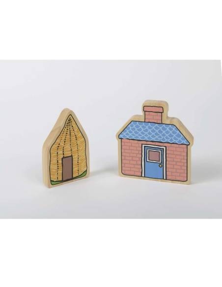 Les personnages en bois des Trois Petits Cochons - Yellow Door - YD0112  - pour raconter l’histoire des Trois Petits Cochons.