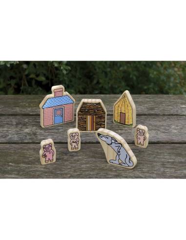 Les personnages en bois des Trois Petits Cochons - Yellow Door - YD0112 - pour raconter l’histoire des Trois Petits Cochons.